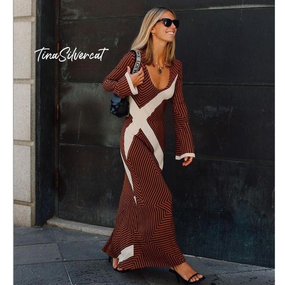BLOGGER'S FAVE! Zara Striped Midi Dress Brown Sz XS, Small NWT - Picture 5 of 17